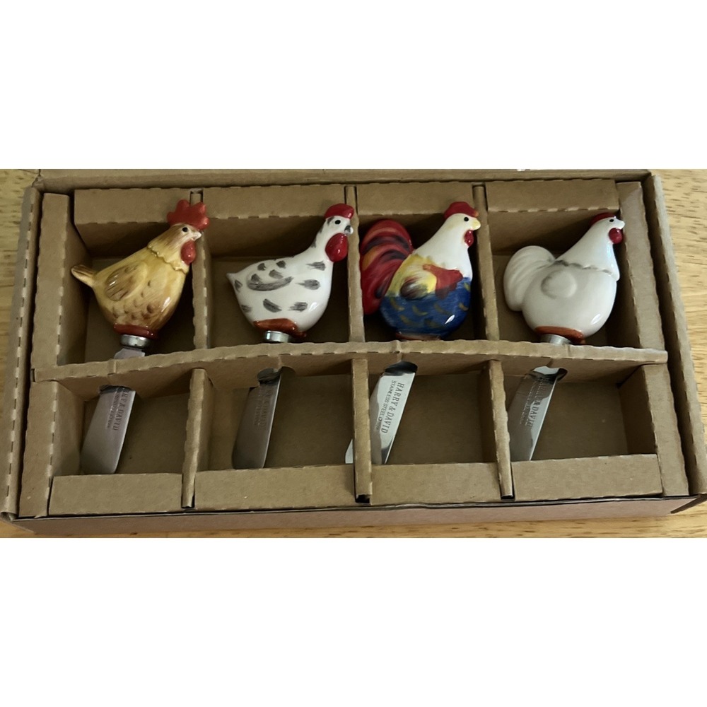 New Harry & David Rooster Chicken Butter Cheese Ceramic Spreaders 4 Pc Set